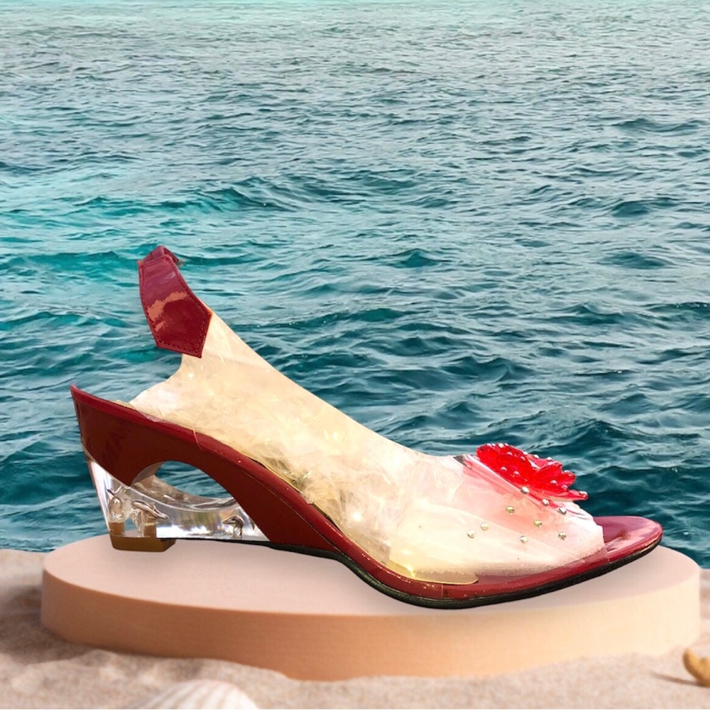 Transparent Open Toe Floral Red Glossy Heels For Women